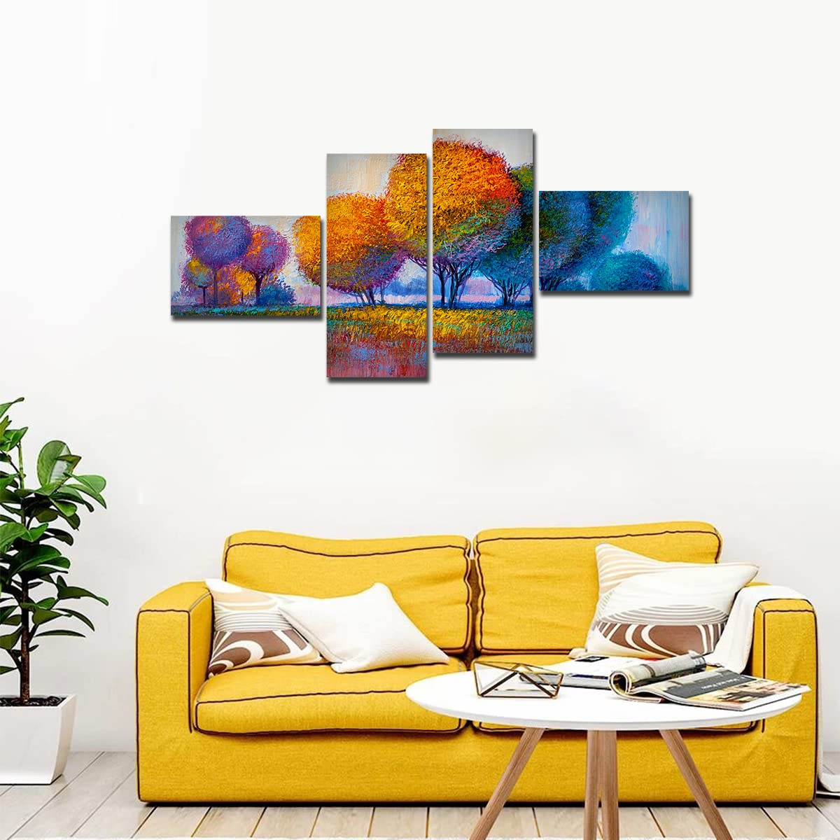 VIBECRAFTS Beautiful Colorful Trees 4 Pieces Canvas Wall Painting Fitted With Wooden Frame For Home | Office | Living Room | Gifts (PTVC4Pcs3_15504)
