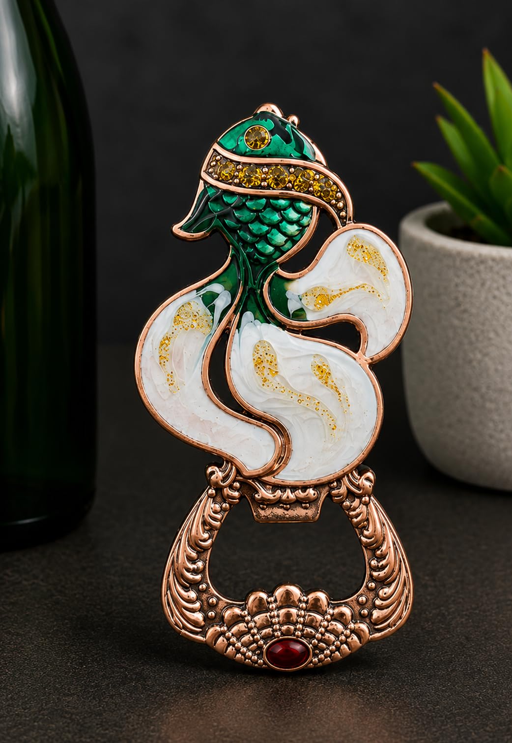 DECOR NEST Luxury Fish Bottle Opener with Refrigerator Magnet | Decorative Metal | Beer Opener with Crystal Stone Embellishments | Vintage Style Home Bar Accessory (Green Copper Fish)