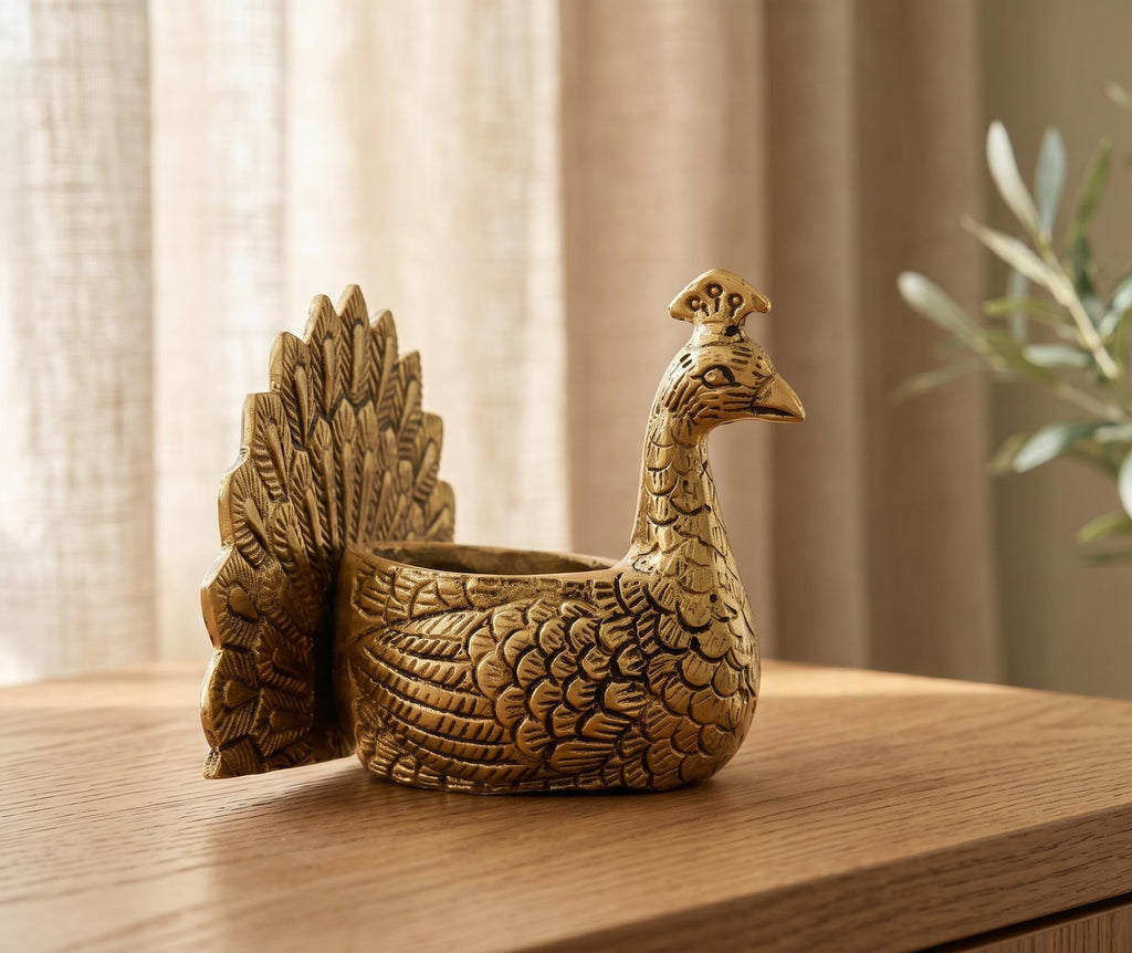 KridayKraft Designed with a Versatile Central Cavity, This Peacock Serves as a Stunning tealight Candle Holder, a mini Indoor Planter, a Unique Pen Stand,(Peacock Small Golden)