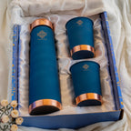 INDIAN ART VILLA Copper Bottle & Glass Gift Set - 800 ml Water Bottle & 2 Glasses (300 ml Each) - Peacock Blue Pyramid Ombre Silk Finish, Perfect for Gifting & Everyday Use