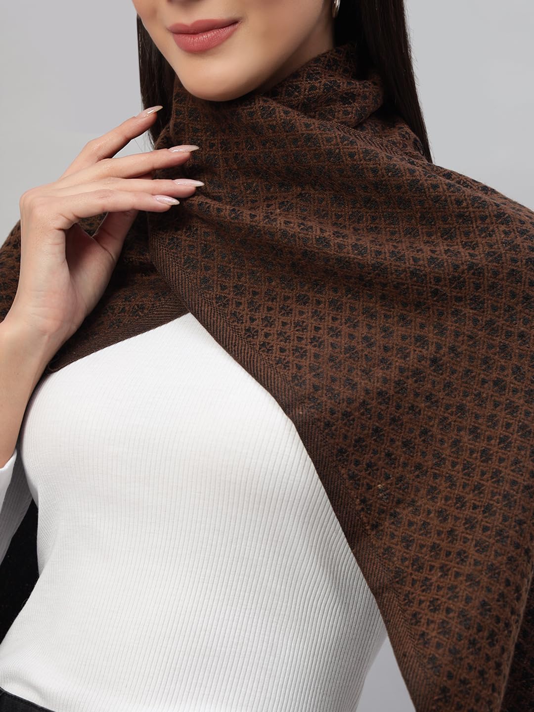 Ravaiyaa - Attitude is everything Reversible Wool Scarves Geometric Pattern Women Neck Wraps Muffler Winter Wool Scarf (72 x14 Inch, Brown)