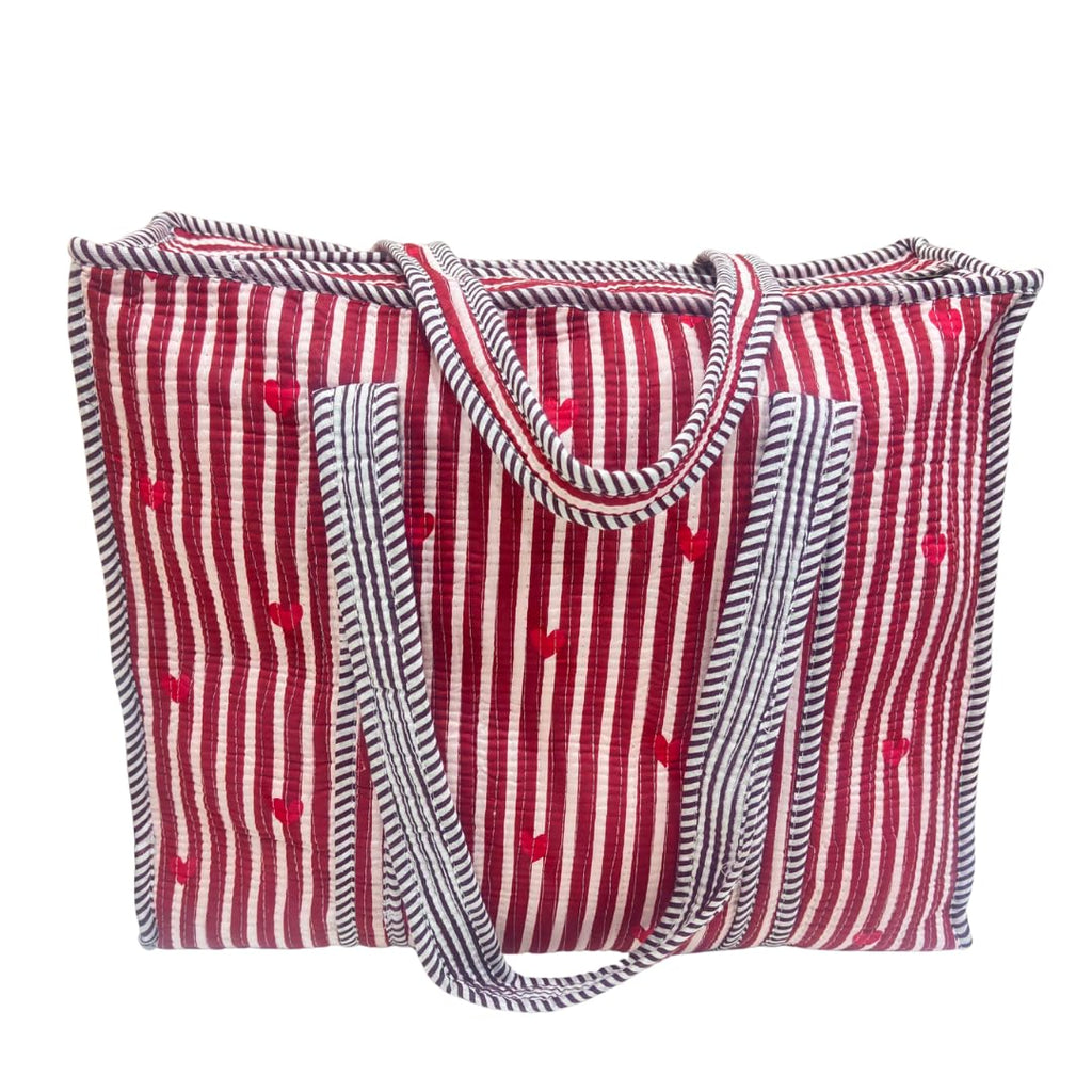 Bazaar Bhoot Edition Premium Cotton Quilted Shopping Tote Bag - Multipurpose Long Lasting Foldable Reusable Bag with zipper for Shopping, Travel & Daily Use - Made in India (Heart Red)