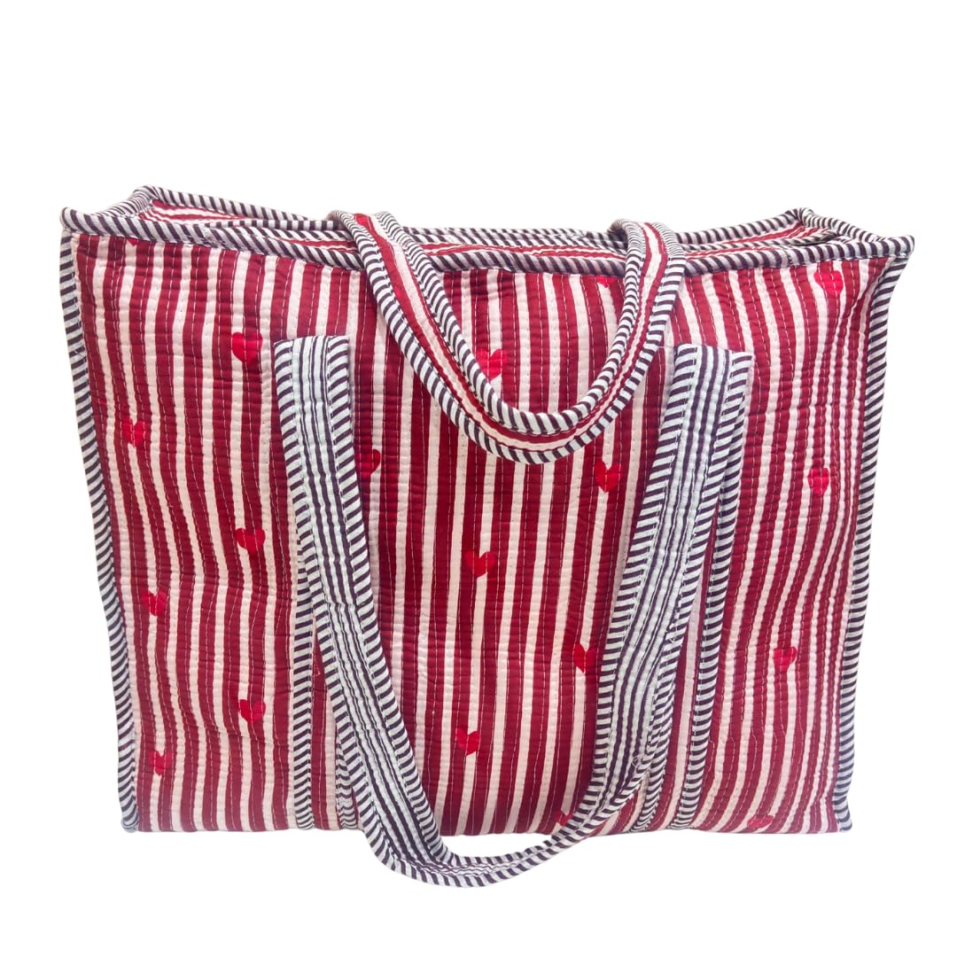 Bazaar Bhoot Edition Premium Cotton Quilted Shopping Tote Bag - Multipurpose Long Lasting Foldable Reusable Bag with zipper for Shopping, Travel & Daily Use - Made in India (Heart Red)