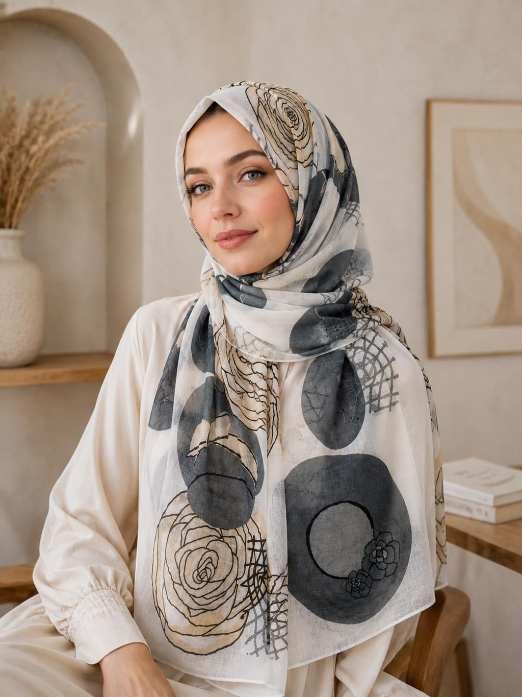 Brightonce Fashion Women’s Abstract Floral Printed Scarf | Beige, Grey & Off White Lightweight Stole Shawl Dupatta | Elegant Head Wrap & Hijab Scarf