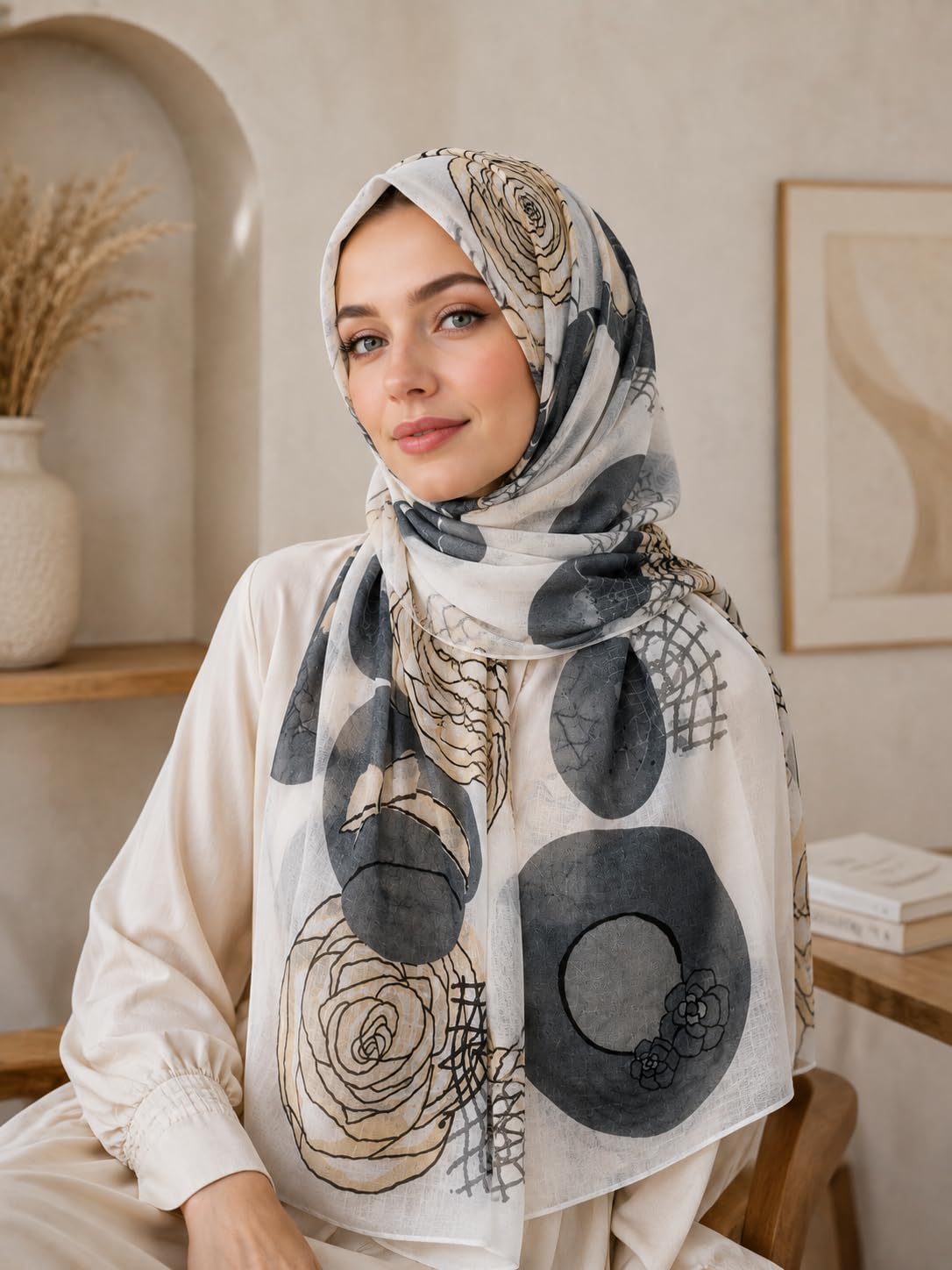 Brightonce Fashion Women’s Abstract Floral Printed Scarf | Beige, Grey & Off White Lightweight Stole Shawl Dupatta | Elegant Head Wrap & Hijab Scarf