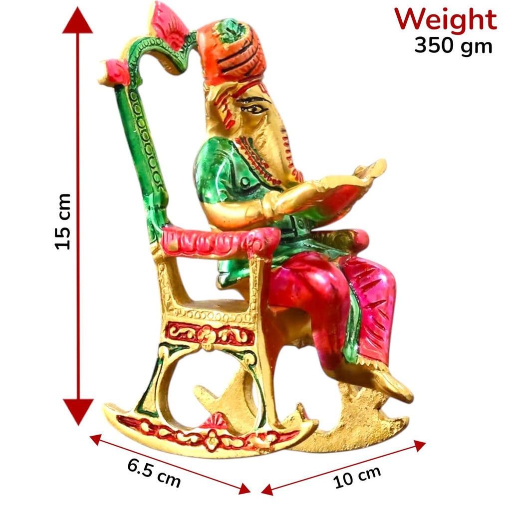 KridayKraft Metal Chair Ganesh ji Reading Book with Meenakari Work,Ganesha Metal Statue for Pooja & Home, Office Décor, Car Dashboard Religious Showpiece for Decoration & Gifting Article