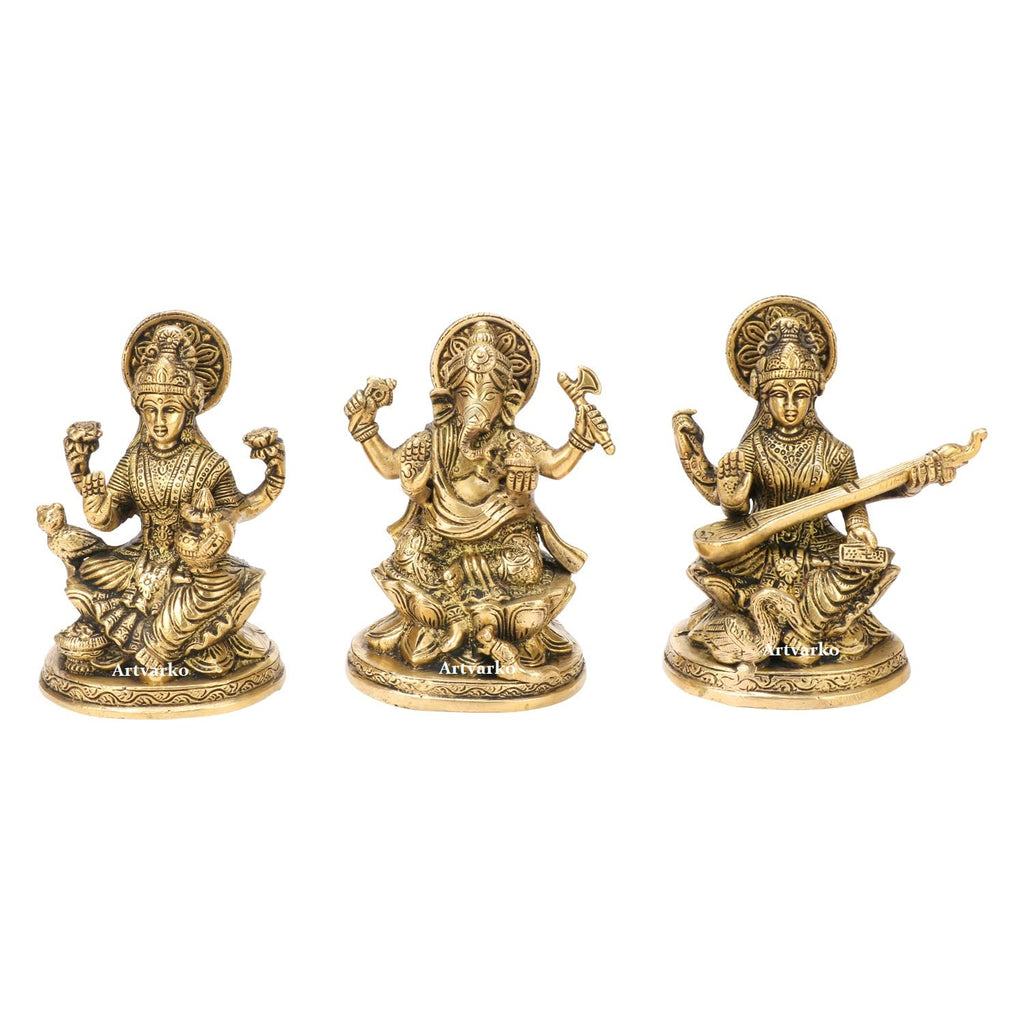 ARTVARKO Brass Lakshmi Ganesha Saraswati Idol Ganesh laxmi Murti Statue for Puja Home Office Success Entrance Decor Diwali Pooja Good Luck Gift 5 Inches