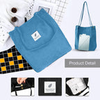 Lyrovo Women Corduroy Shoulder Tote Bag for Work Beach Travel and Shopping Grocery (Blue)