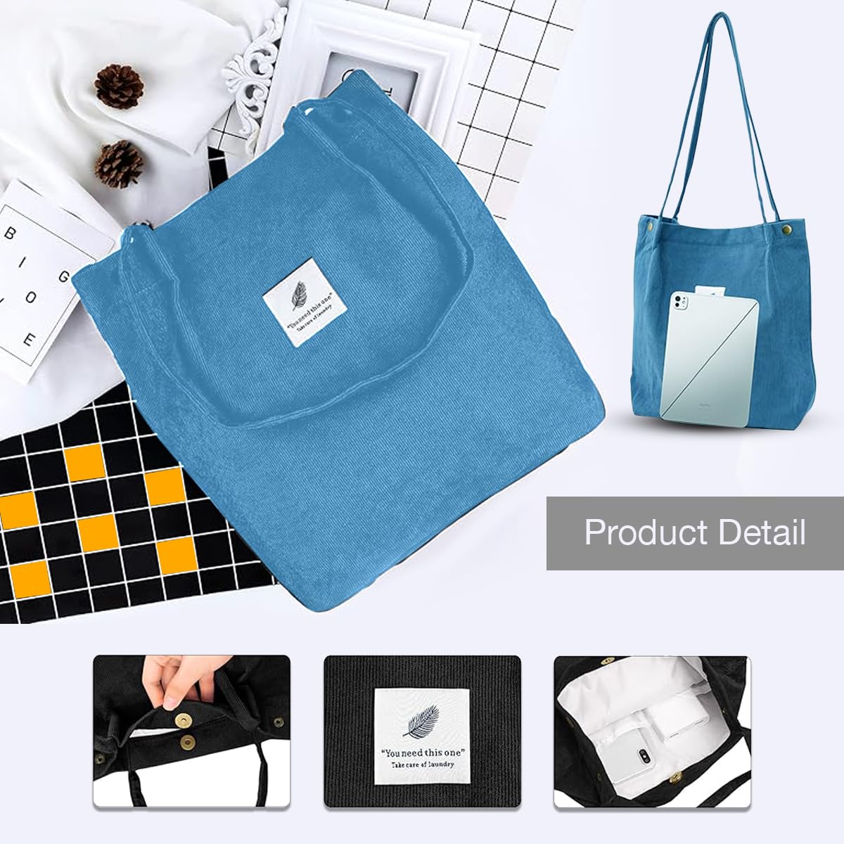 Lyrovo Women Corduroy Shoulder Tote Bag for Work Beach Travel and Shopping Grocery (Blue)