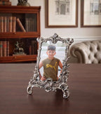 KridayKraft Royal Metallic Photo Frame, Silver Plated Antique Design, Ornate Tabletop Picture Holder for Living Room, Bedroom, and Office Decor (22 x 15.5 cm)
