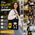 BROGBUS Canvas Tote Bag for Women with Teddy Bear Charm, 3-Way Convertible Crossbody Shoulder Handbag, Adjustable Sling Strap, Zipper Closure, College Travel Shopping Bag, Black, 34 x 33 cm