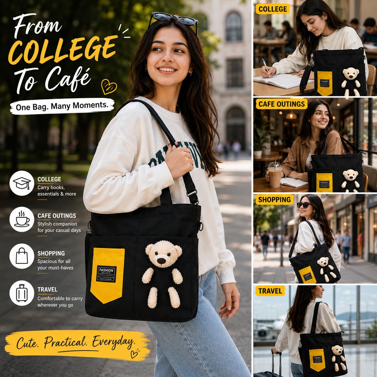 BROGBUS Canvas Tote Bag for Women with Teddy Bear Charm, 3-Way Convertible Crossbody Shoulder Handbag, Adjustable Sling Strap, Zipper Closure, College Travel Shopping Bag, Black, 34 x 33 cm