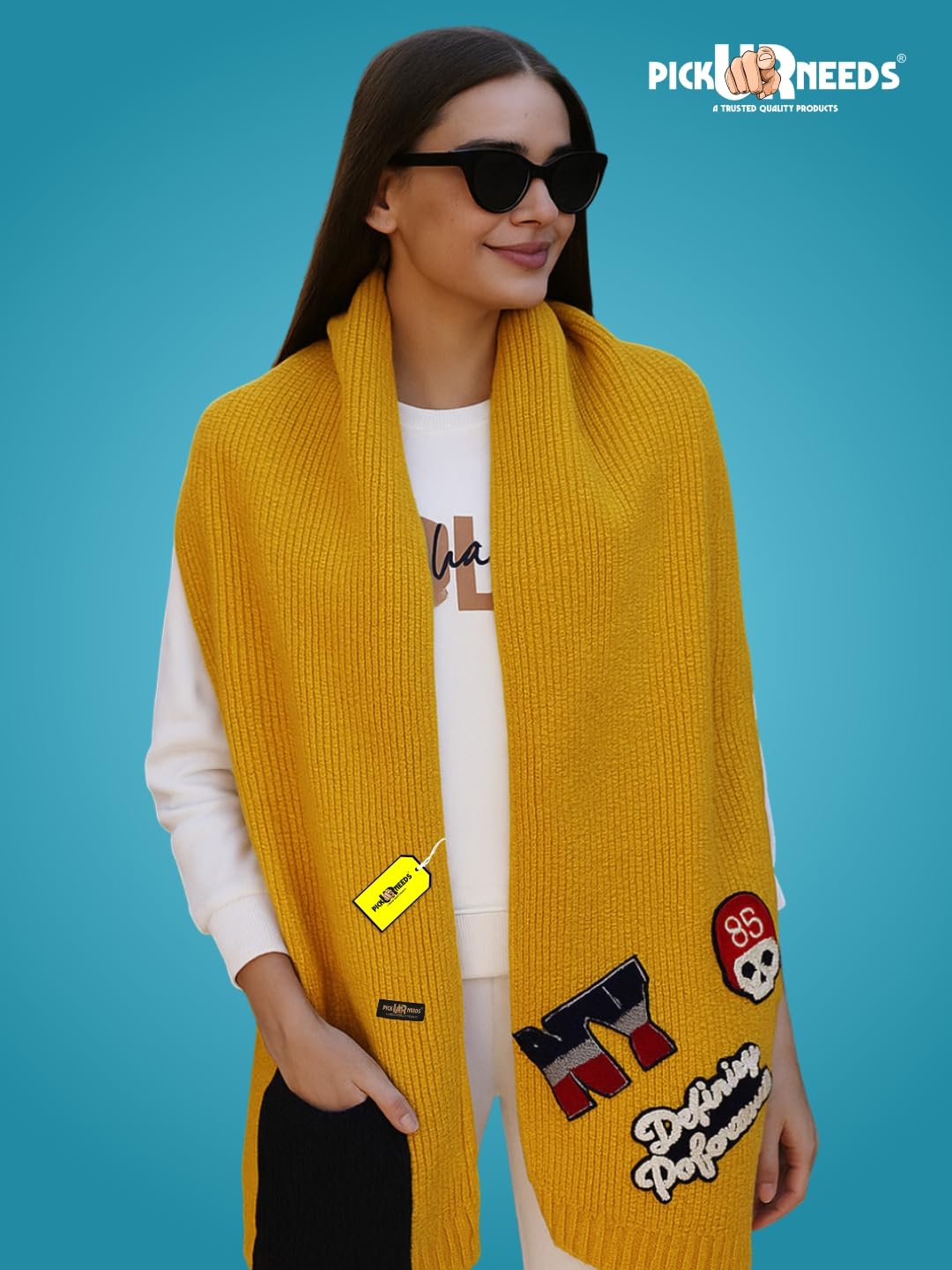 Pick Ur Needs Women Winter Woolen Muffler with Trendy Patch Design Soft Warm Knitted Scarf for Girls & Ladies Stylish Casual Mufflers (Yellow)