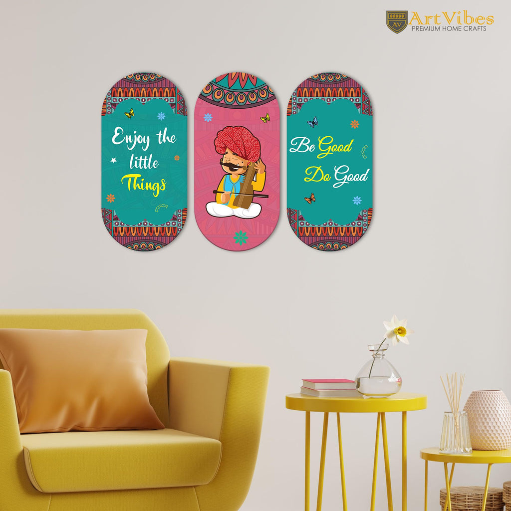Artvibes Enjoy Little Things Positive Quotes Wooden Wall Hanger for Home | Office | Living Room | Gift | Modern Decoration Items | Kitchen Wall Decor | Artworks (WH_9021N), Set of 3