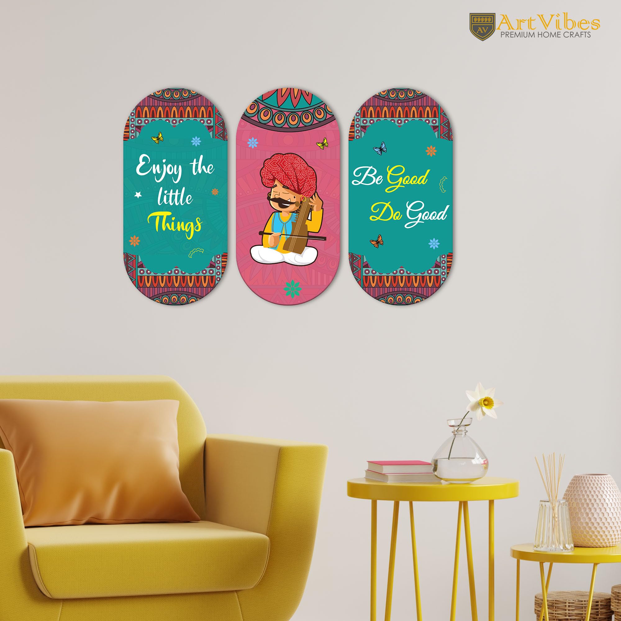 Artvibes Enjoy Little Things Positive Quotes Wooden Wall Hanger for Home | Office | Living Room | Gift | Modern Decoration Items | Kitchen Wall Decor | Artworks (WH_9021N), Set of 3