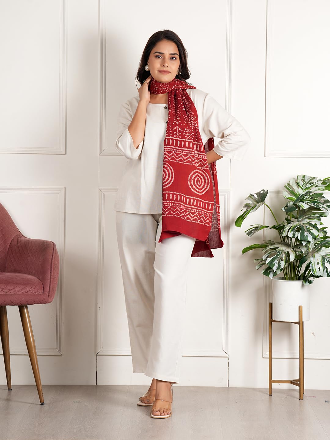 RAI SAHAB Women's Cotton Hand Block Printed Casual Stoles/Scarf(ST-64RED10)