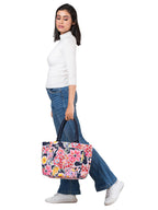 AQVA Cotton Canvas Tote Bag for Women with Side Pockets | Trendy Stylish Multipurpose Handbag with Zipper | Shoulder Bag for Shopping, Travel and Work | Guldasta, Navy Blue
