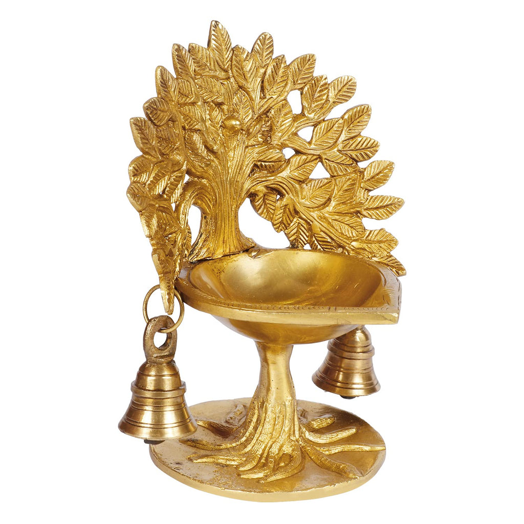 Artvarko Brass Kalpavriksha Tree Diya Oil Lamp with Bells Tree of Life Home Office Temple Decor Gift (5.5x4.5x7 Inch)