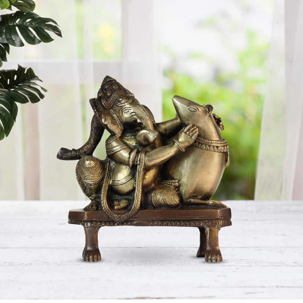 ARTVARKO Brass Ganesha Playing with Mooshak Statue Idol Rat Ganesh Ganpati Bhagwan Statue for Home Entrance Good Luck Vastu Decoration Showpiece and Gift
