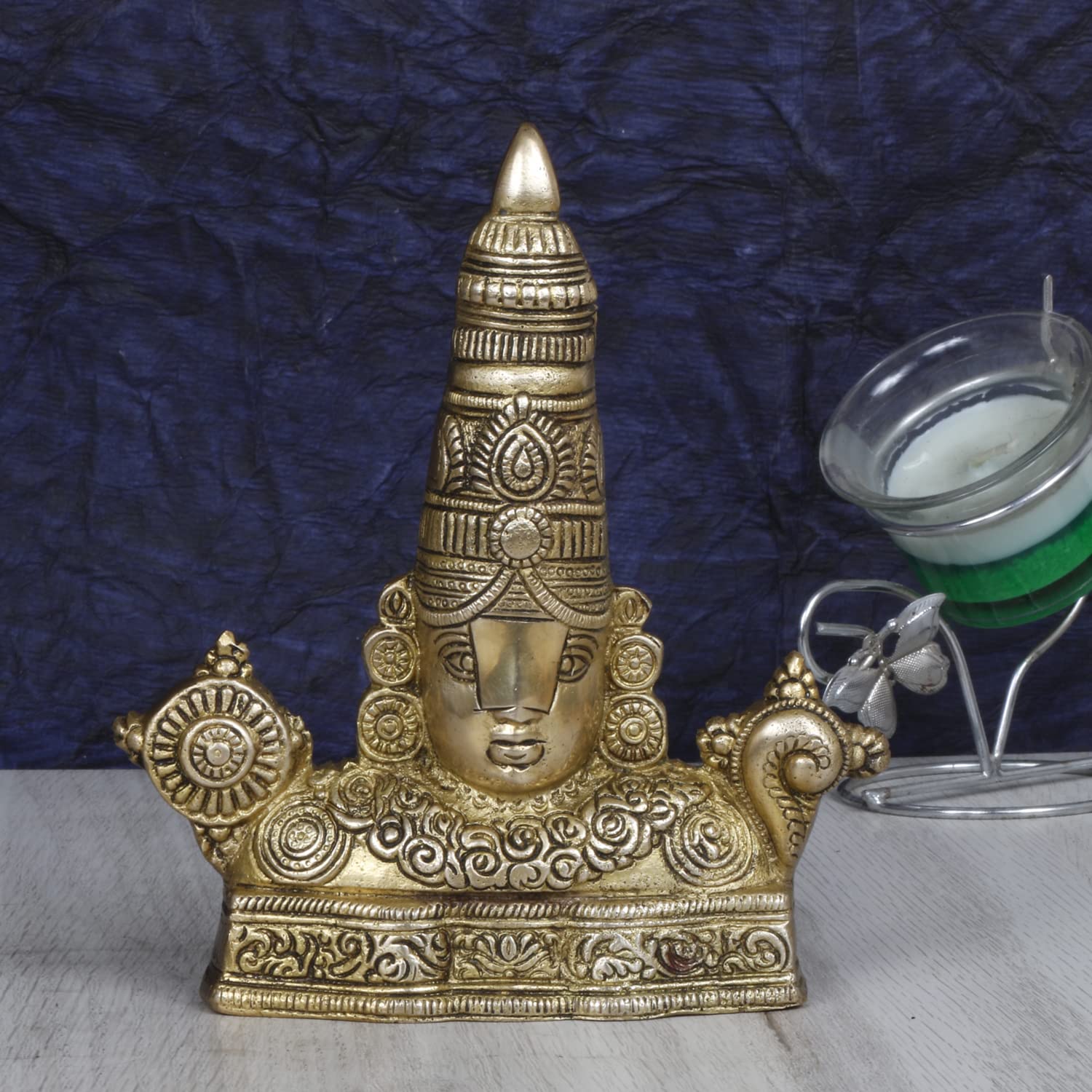 ARTVARKO Brass Lord Tirupati Balaji Sri Venkateswara Balaji Face with Shankh Chakra Namah Table Top/Wall Hanging Idol Showpiece Home Décor Gold.6.5 Inch