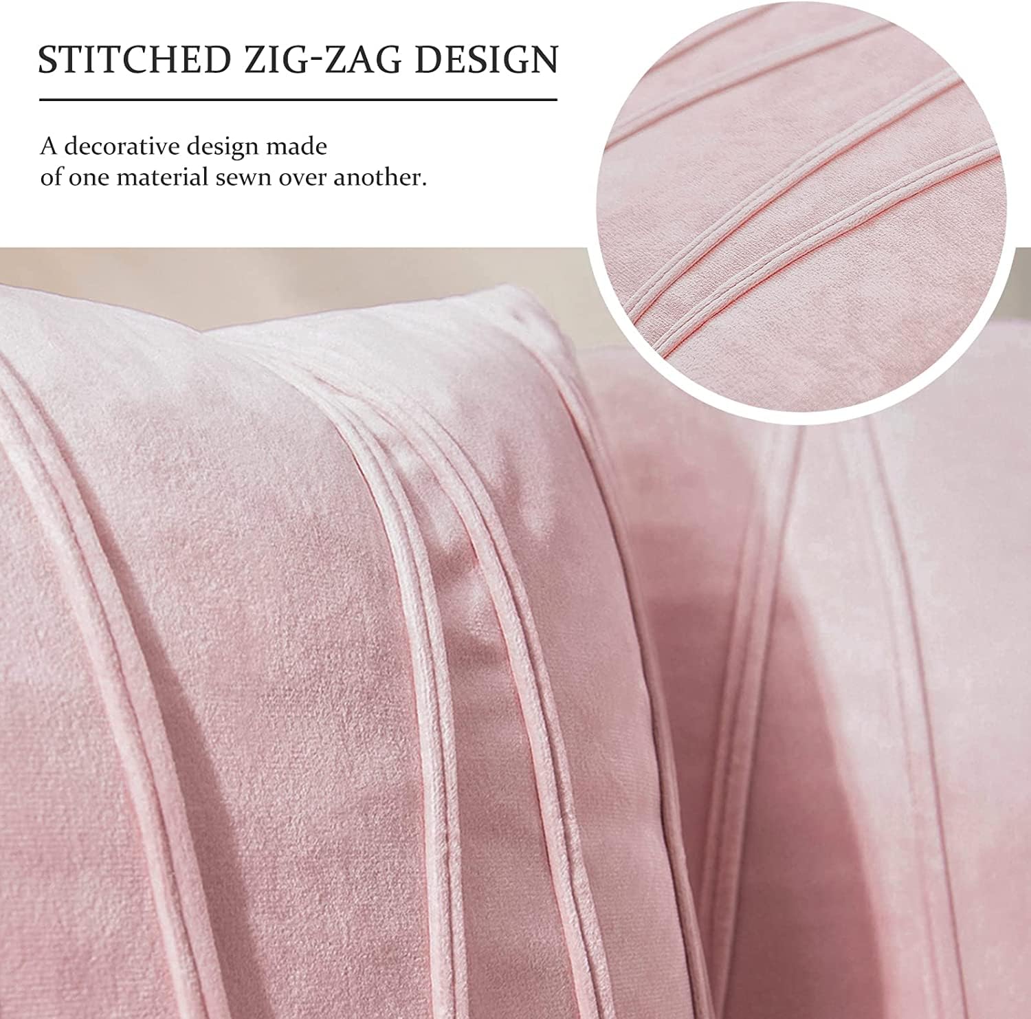 Khooti Velvet Striped Cushion Cover Pack of 1-24X24/61X61 Cm | Baby Pink | Soft Pillow Covers Cushion Case for Sofa Bedroom Living Room Chair Car, Cushion Cover with Zig Zag Pattern