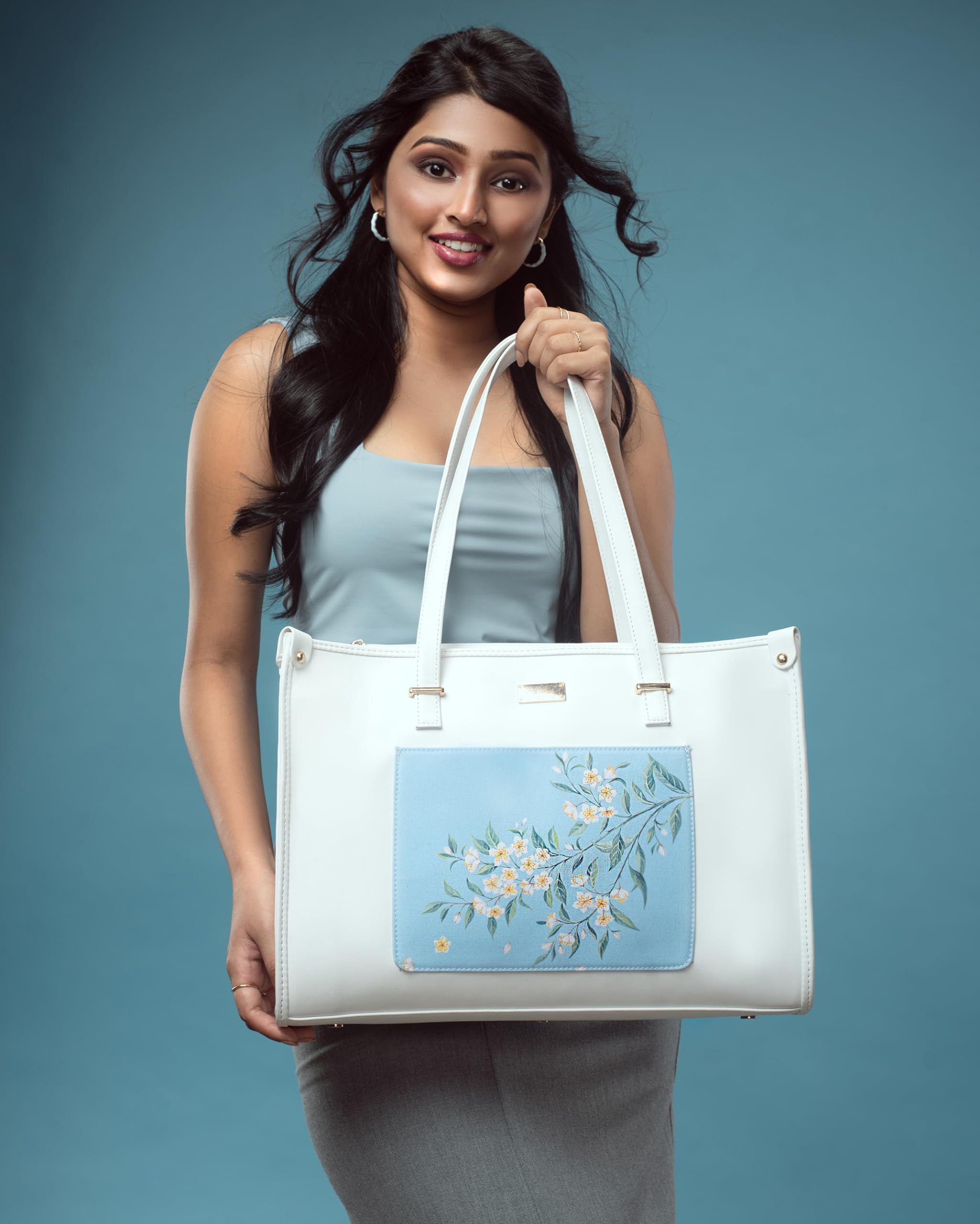 Strokes by Namrata Mehta Box Tote Bag for Women | Fits 16 Laptop | Large Tote Bag For Office Use and Work | Vegan Leather (Periwinkle Blue and White Box Tote Bag)