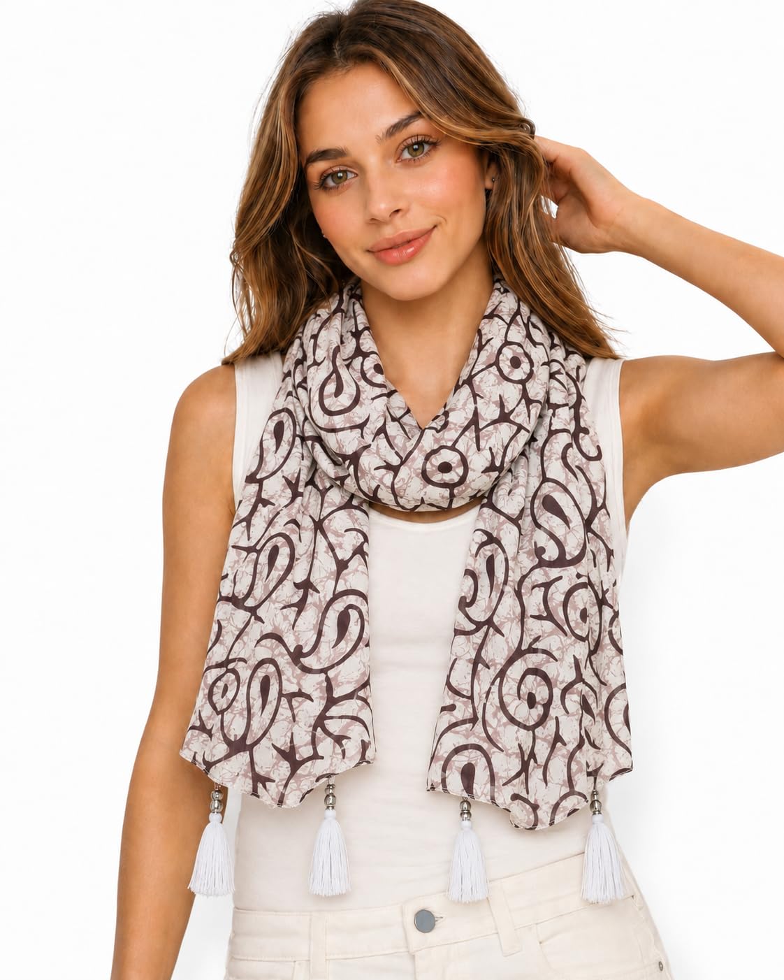 Women's Printed cotton Scarf with Tassels, Lightweight Boho Stole, 180x50 cm, All Seasons (red) (White)