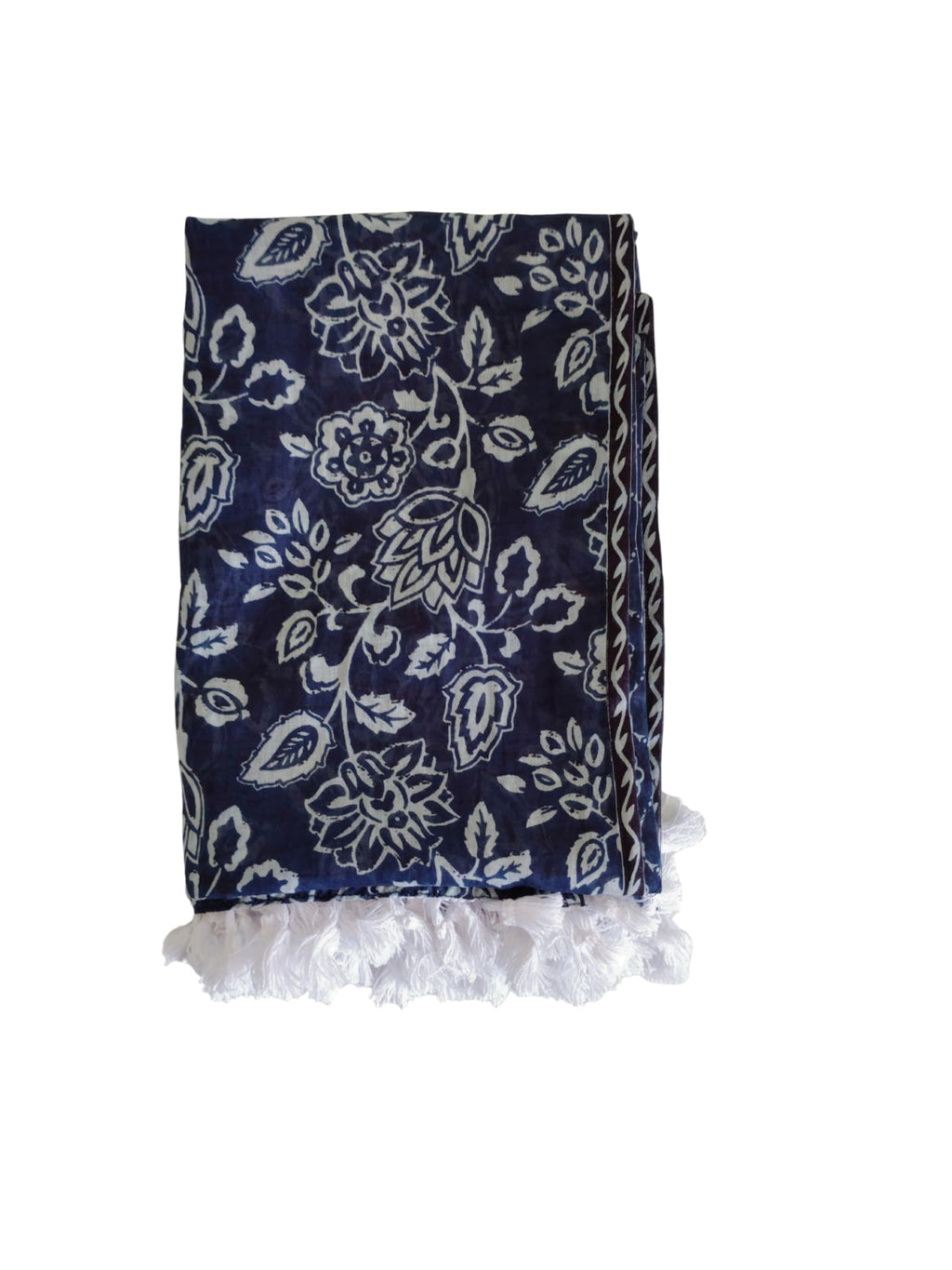 Women's Pure MalMal Cotton Scarf, Navy Blue Floral Paisley Print with White Fringe Tassels
