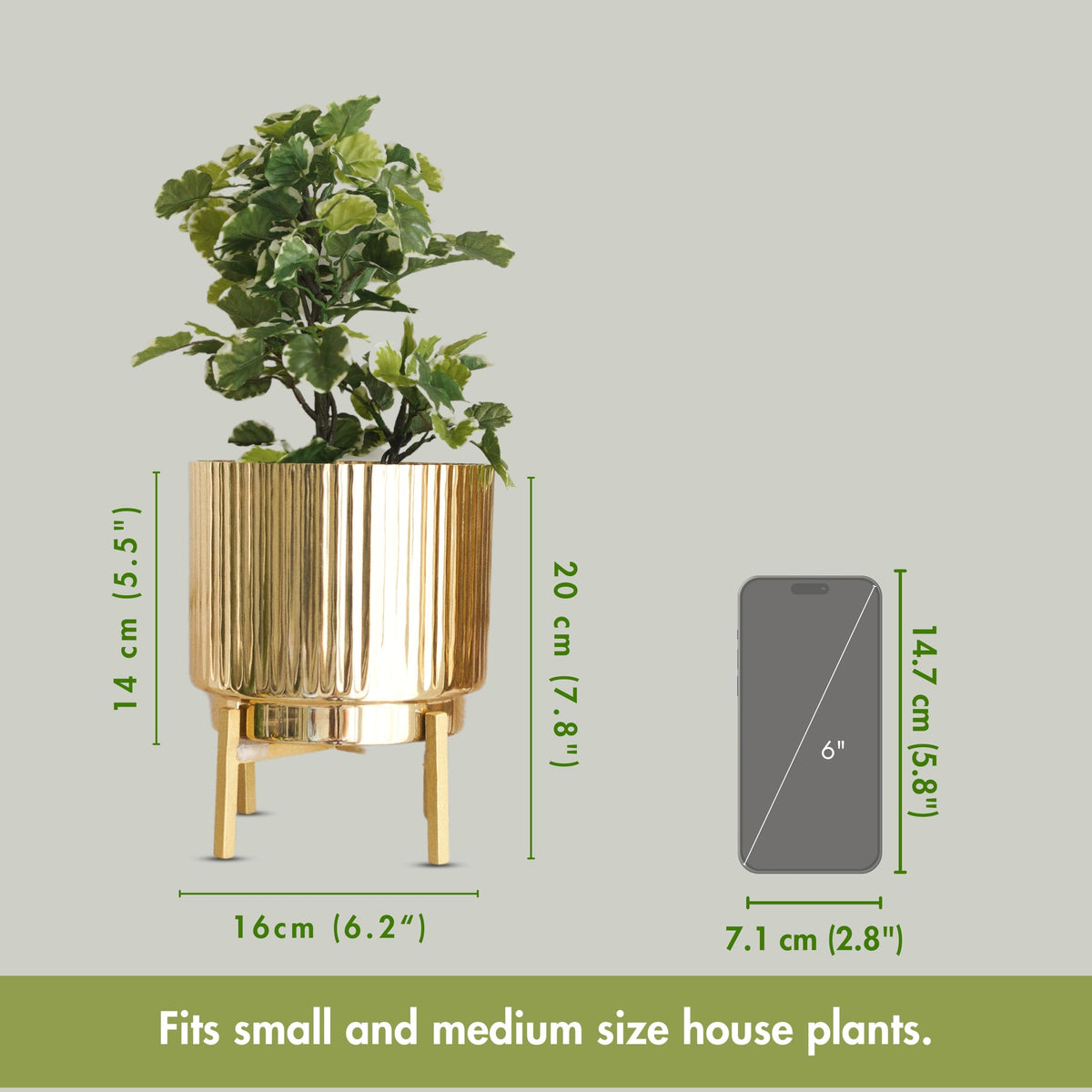 BEHOMA Fluted Metal Indoor Planter with Stand, Golden
