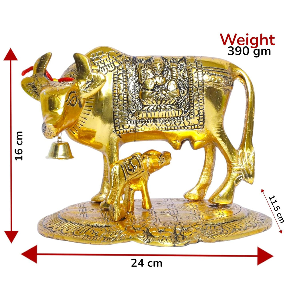 KridayKraft Gold Plated Kamdhenu Cow with Calf Metal Idols for Home Office Statue Murti for Decoration & Pooja Gifting Purpose Sculpture Good Luck Feng Shui As Table Top Figurine Gau MATA Idols