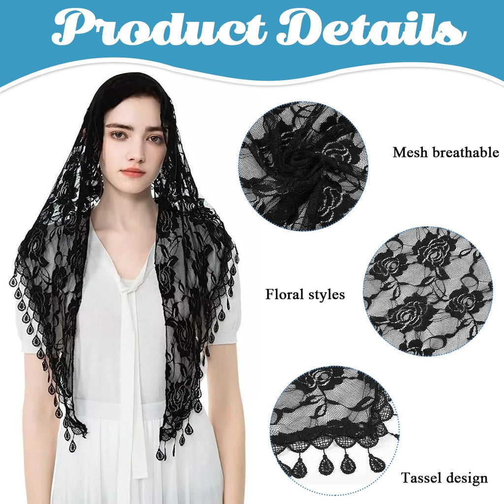 PALAY Triangle Lace Veil for Church, Black Mantilla Scarf Rose Tassel