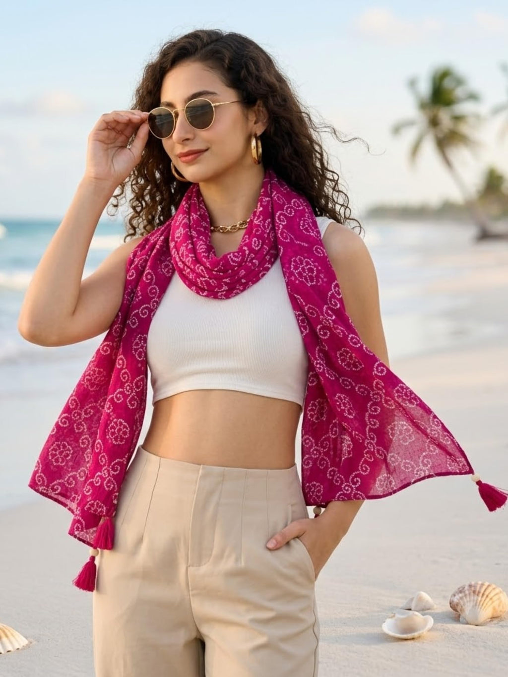KE KANHA EXPORTS Cotton Scarf with Tassels|Bandhani Print Scarf for Women Stylish|Stole for Women|Breathable Boho Beach Summer Wrap|Multicolor Scarf|Easily Fits 180 * 50 CM