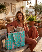 NIKAVIK Quilted Cotton Jaipuri Tote bag (with seperate Bottle Pocket & Zip) – Exotic Animal Print Foldable and Ideal for Travel Shopping Beach Trips or Daily Essentials (Aqua Blue Pink)