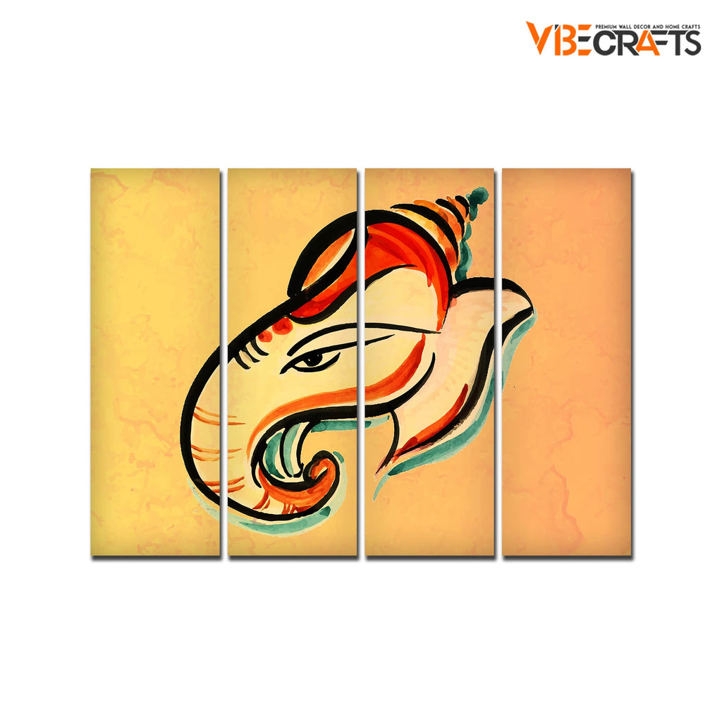 VIBECRAFTS 4 Pieces Ganesha Head Abstract Art Canvas Wall Painting Fitted With Wooden Frame For Home | Office | Living Room | Gift(PTVC4Pcs1_13522)