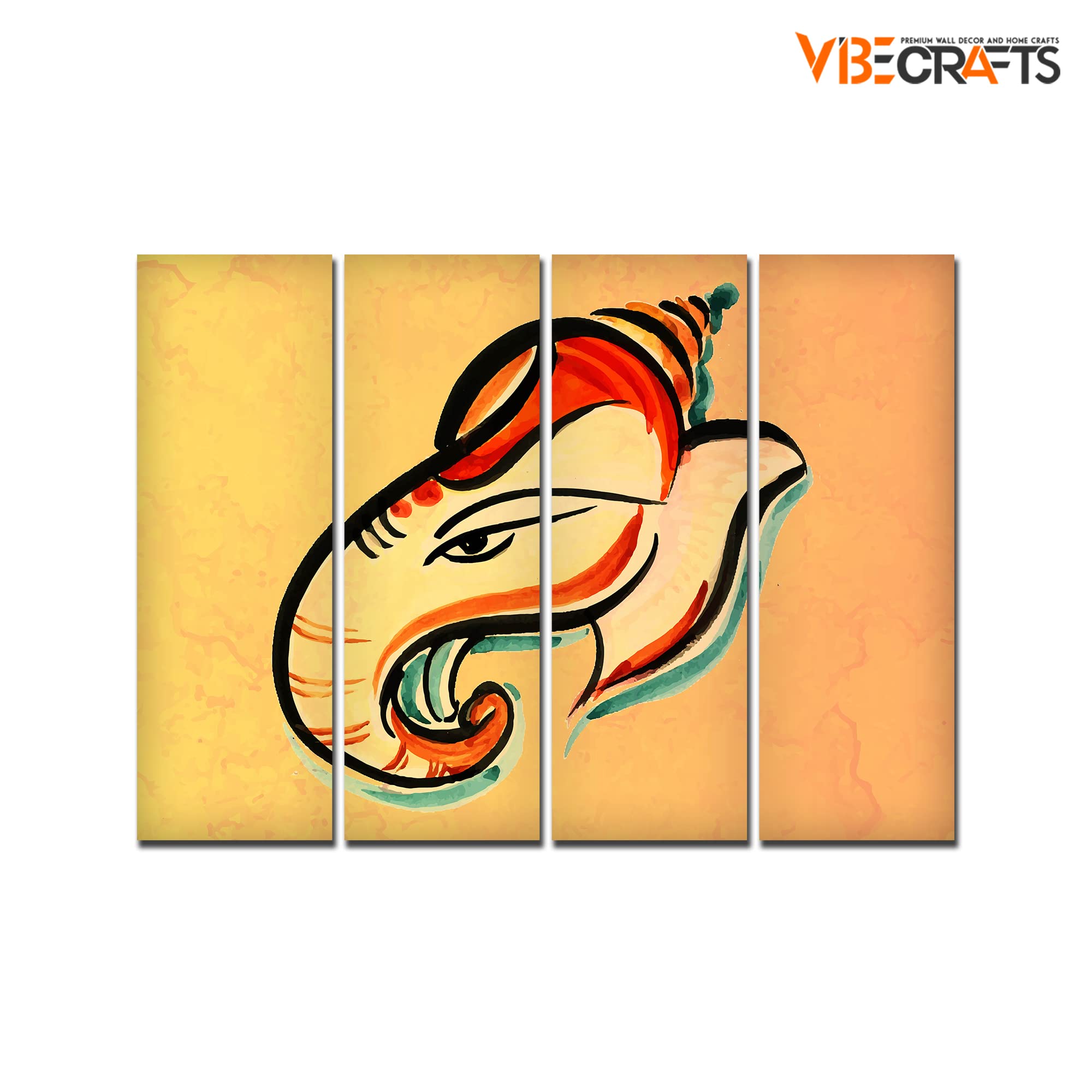 VIBECRAFTS 4 Pieces Ganesha Head Abstract Art Canvas Wall Painting Fitted With Wooden Frame For Home | Office | Living Room | Gift(PTVC4Pcs1_13522)