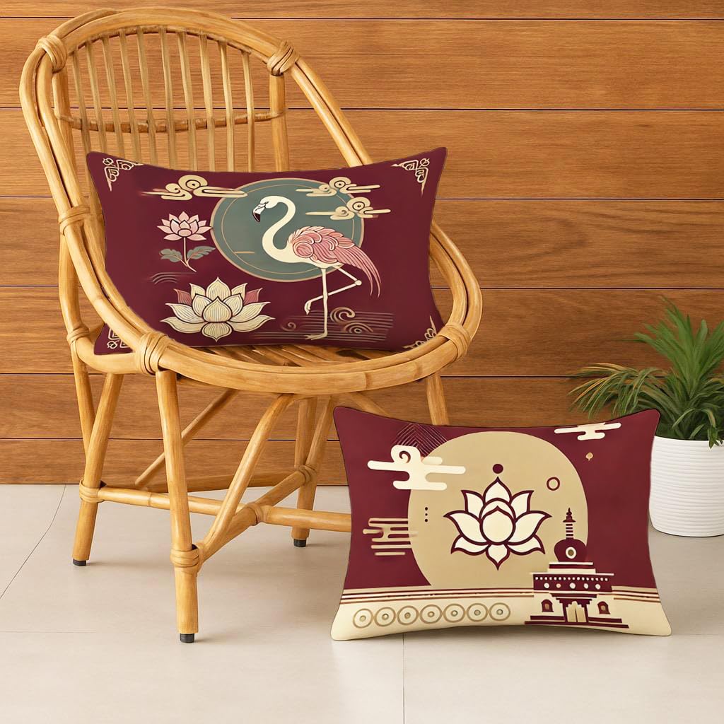STITCHNEST Satin Cushion Covers Pack of 2 Oriental Flamingo & Lotus Print in Maroon and Gold, 12x18 Inch Decorative Cushion Set for Spiritual and Artistic Living Room Decor