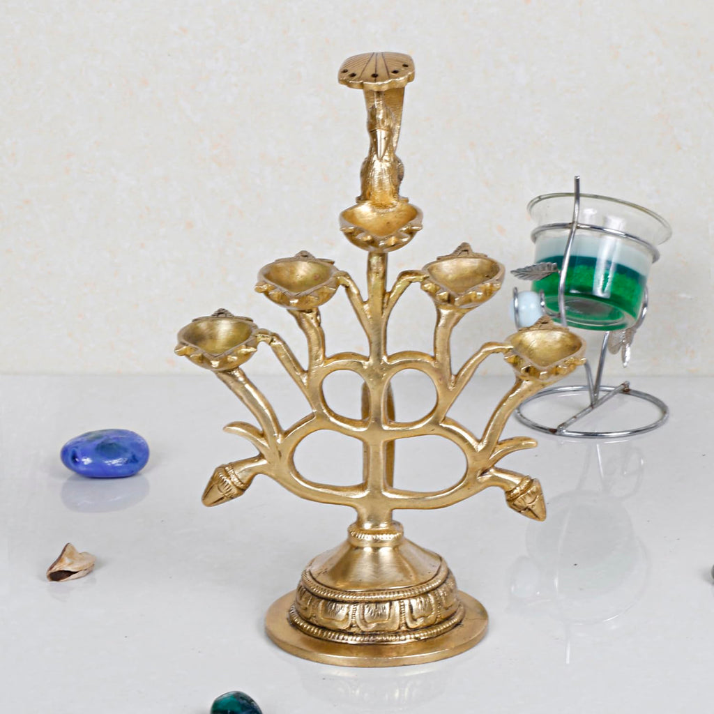 Artvarko™ Peacock Bird Design 5 Oil Wick Brass Diya Aarti Diya with Handle Decorative Puja Accessory, Camphor Burner lamp Aarti for Navratra, Diwali Gifts Home Decor 8.5 Inches.