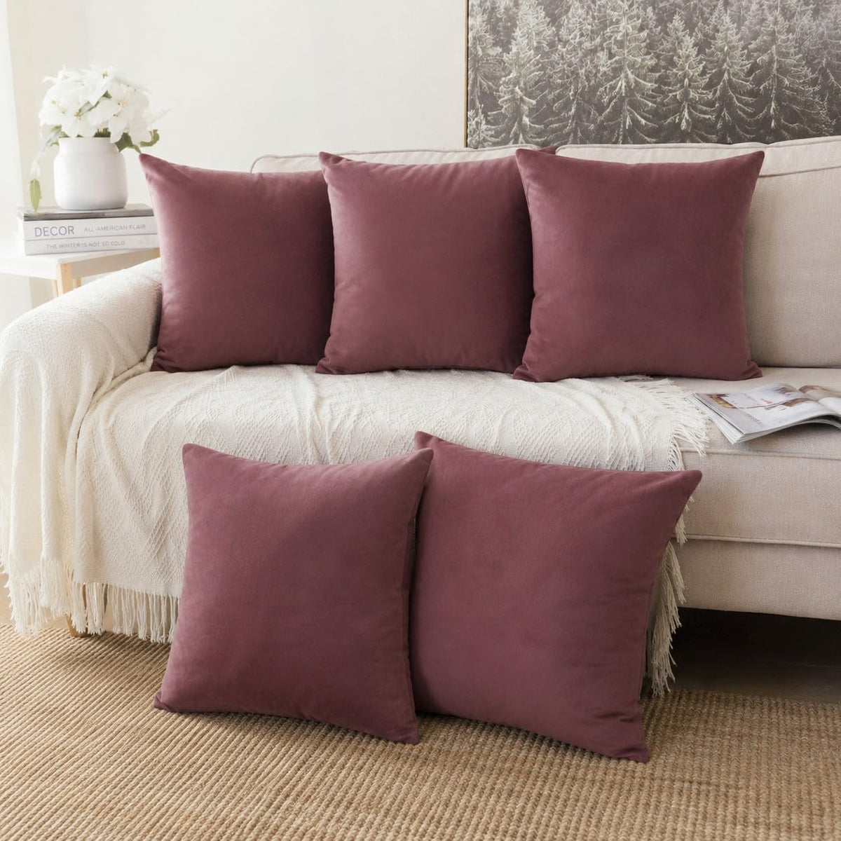 Khooti Velvet Cushion Cover, 20 x 20 Inches | Jam | Pack of 5 | Solid Plain Soft & Smooth, Decorative Cushion Covers for Living Room, Bedroom, Couches, Chairs, Sofas, Beds & Home Decor