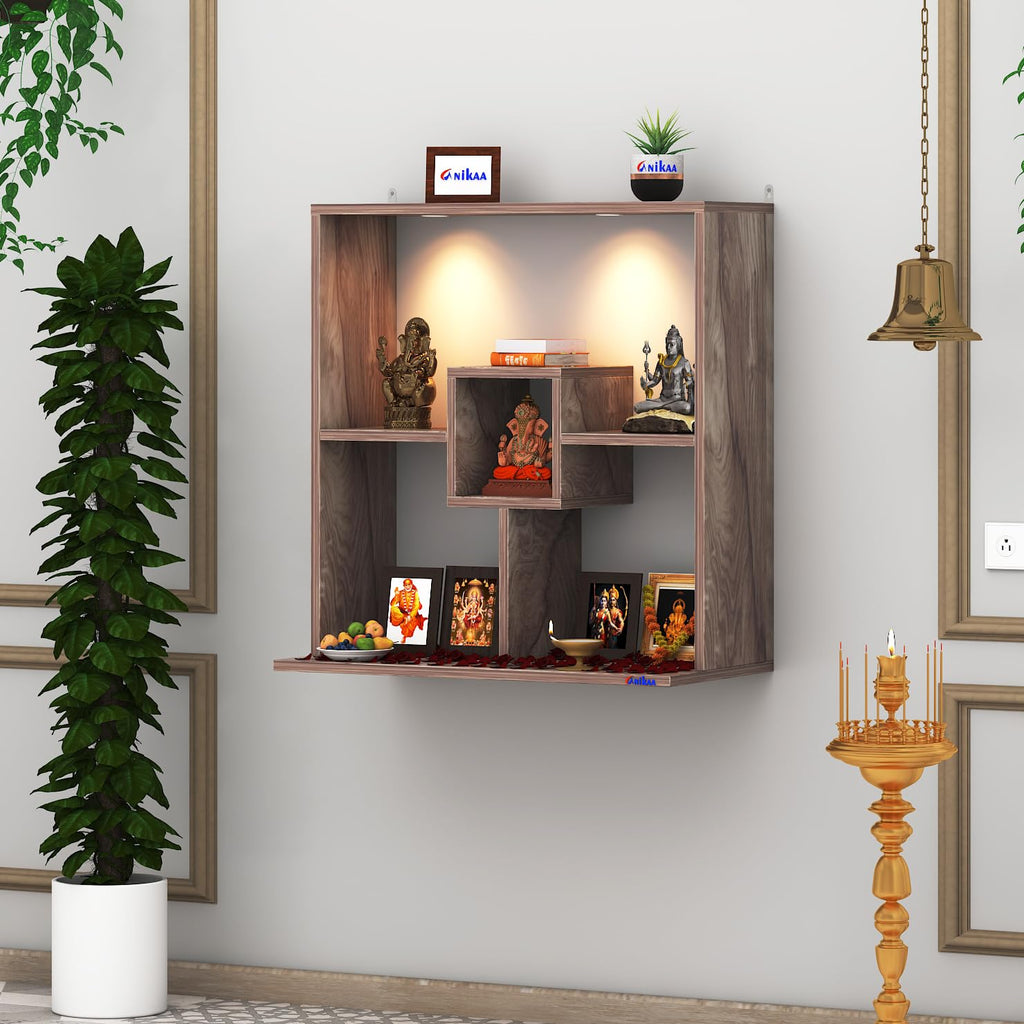 Anikaa Shelly LED Light Wall Mounted Hanging Puja Temple Shelf Stylish Engineered Wood God Stand for Pooja Room Mandir Stand for Temple (Coachwood) D.I.Y