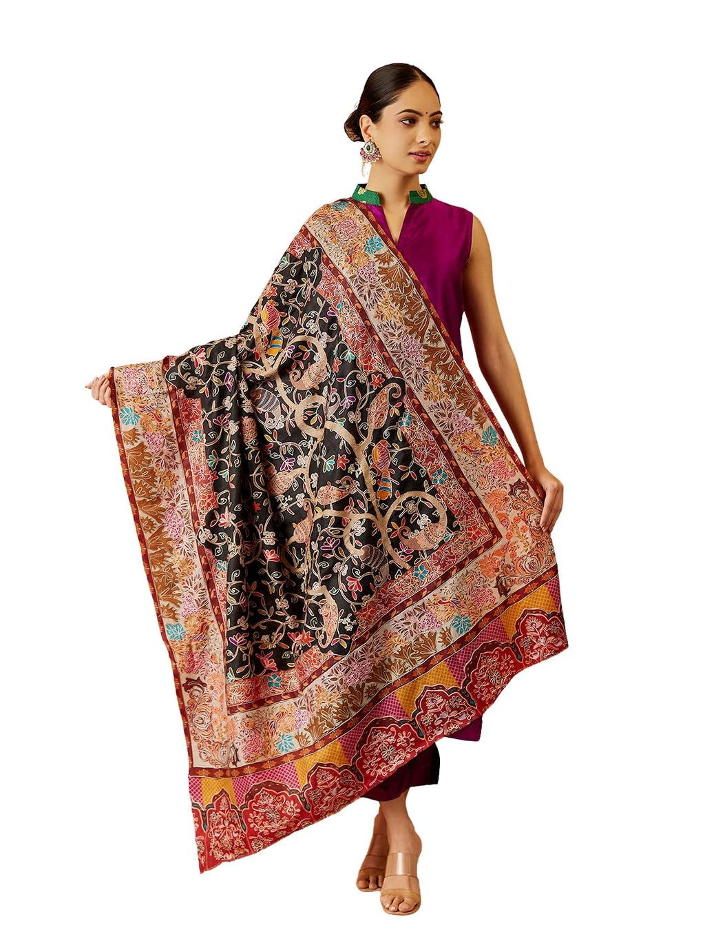 Pashmoda Women Bahaar Fine Wool Fabric Pashmina Kalamkari Embroidered Shawl, Stole and Wrap, Sustainable and Natural Fabric, Heritage Kashmiri Pashmina(Size 40x80)