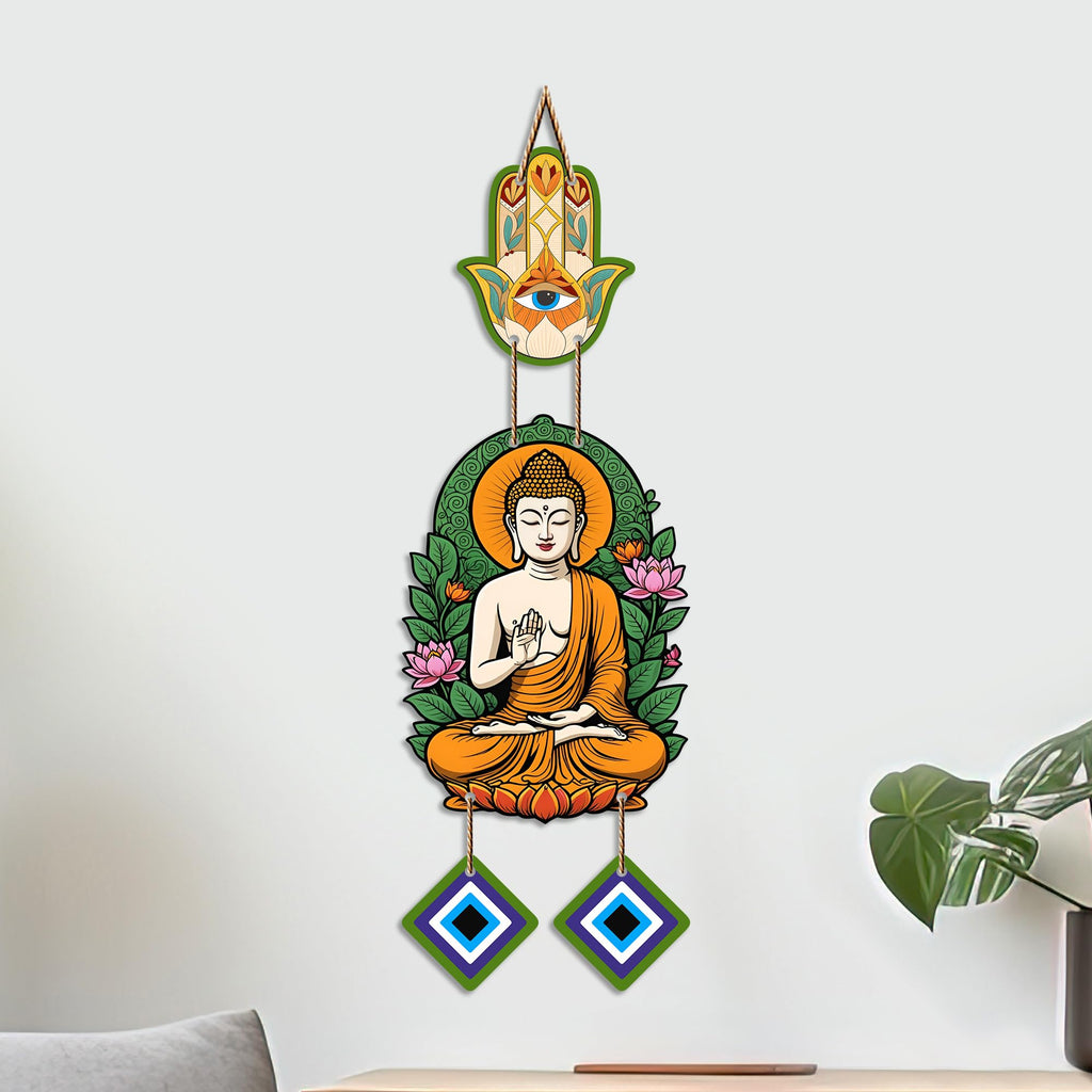 Artvibes Buddha Wall Hanging with Hamsa Hand & Evil Eye Accents | Spiritual Wooden Decor for Meditation | Yoga and Prayer Spaces | Decorative Hanging Ornament for Home Entrance (WH_8596N)