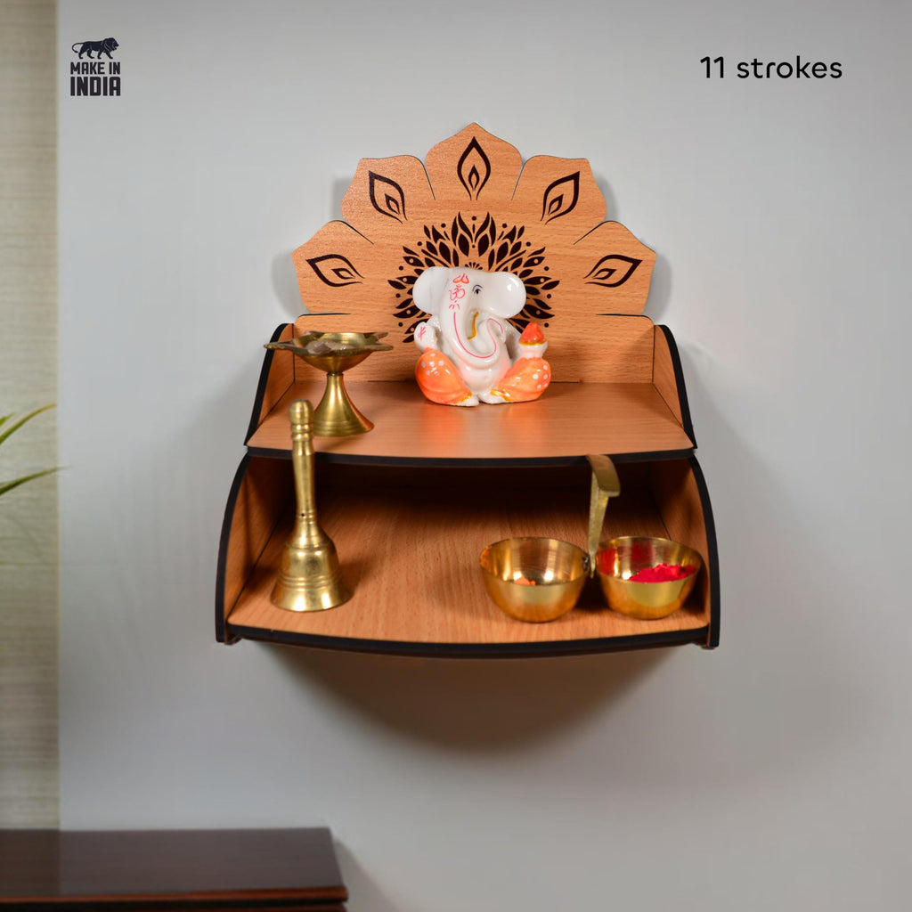 11 Strokes Vidyut Wooden Pooja Mandir for Home Small Size - Wall Hanging Mini Devghar - Modern Singhasan for God, Small Wooden Temple & Office Puja Stand