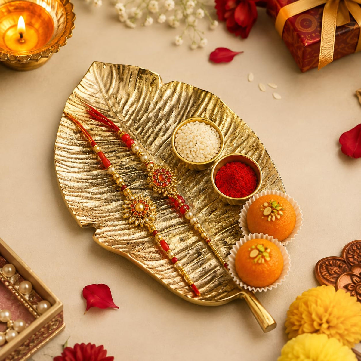 Purestory Gold Leaf Decorative Serving Tray Platter.Decorative Tray for Center Table.Centerpiece Platter Tray for Home Decor - Gold