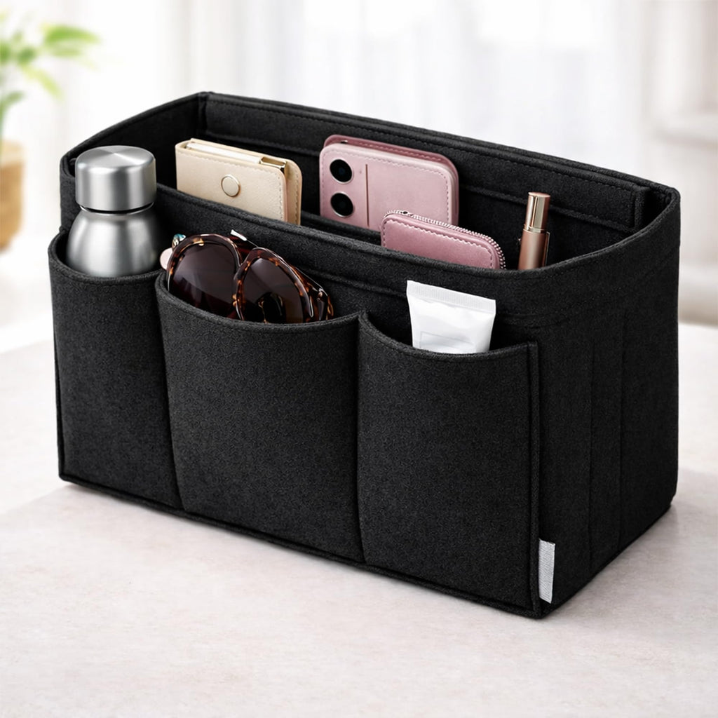 SYUTAM Felt Purse Organizer Insert for Ladies Handbag, Tote, Shoulder Hobo Bag Storag, Storage Compartment with Detachable Zipper Cover-Black(11.4x5.9x7.1) inch(Large)