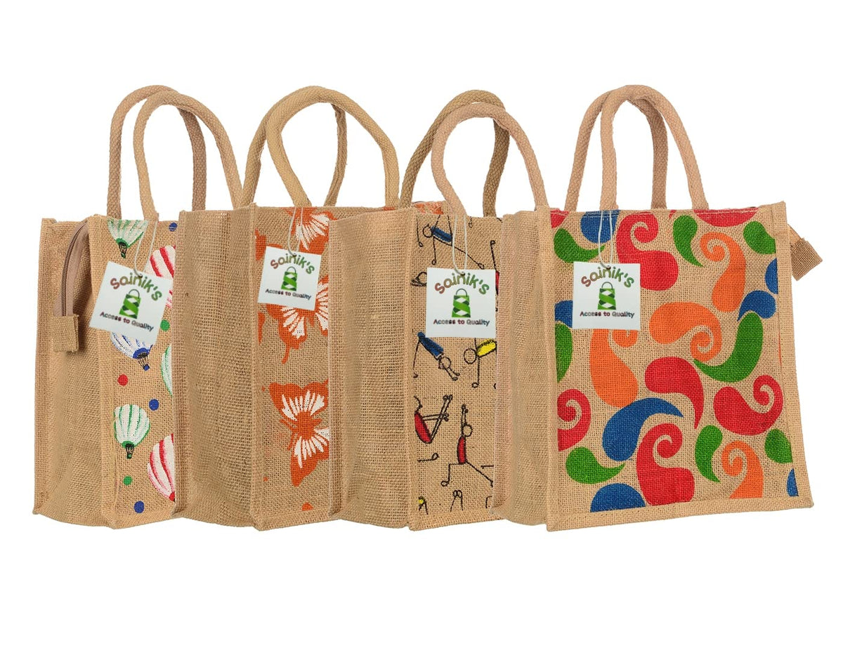 SAINIK'S - ACCESS TO QUALITY Jute Shopping Grocery Printed Bag with Cotton Rope Handle for Men and Women with Zip (Multicolor, Pack of 4)