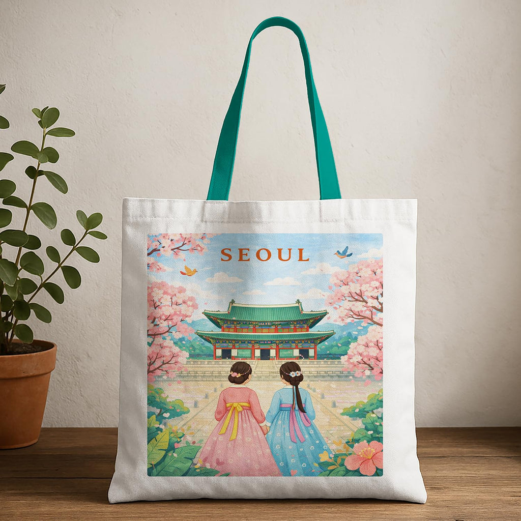 The Purple Tree WanderTote Travel Theme Tote Bag for Women, Aesthetic City Print Canvas Shoulder Bag, Reusable bag for Shopping & Everyday Carry Tote (SEOUL Edition)
