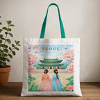 The Purple Tree WanderTote Travel Theme Tote Bag for Women, Aesthetic City Print Canvas Shoulder Bag, Reusable bag for Shopping & Everyday Carry Tote (SEOUL Edition)