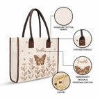 ECOCARRY Box Tote Bag for Women | Stylish Casual Shoulder Embroidered Cotton Canvas Hand Bag | Ladies Handbags for College Girls, Office Daily Use, Beach, Shopping, Travel | Off White Butterfly