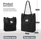 Kawn Women Corduroy Western Tote Bag Canvas Shoulder Cord Purse Reusable Shopping Bag Grocery Bag Large Capacity Washable Handbag Girls Shoulder Bag With Inner Pocket For Daily Use Work Travel (Black)