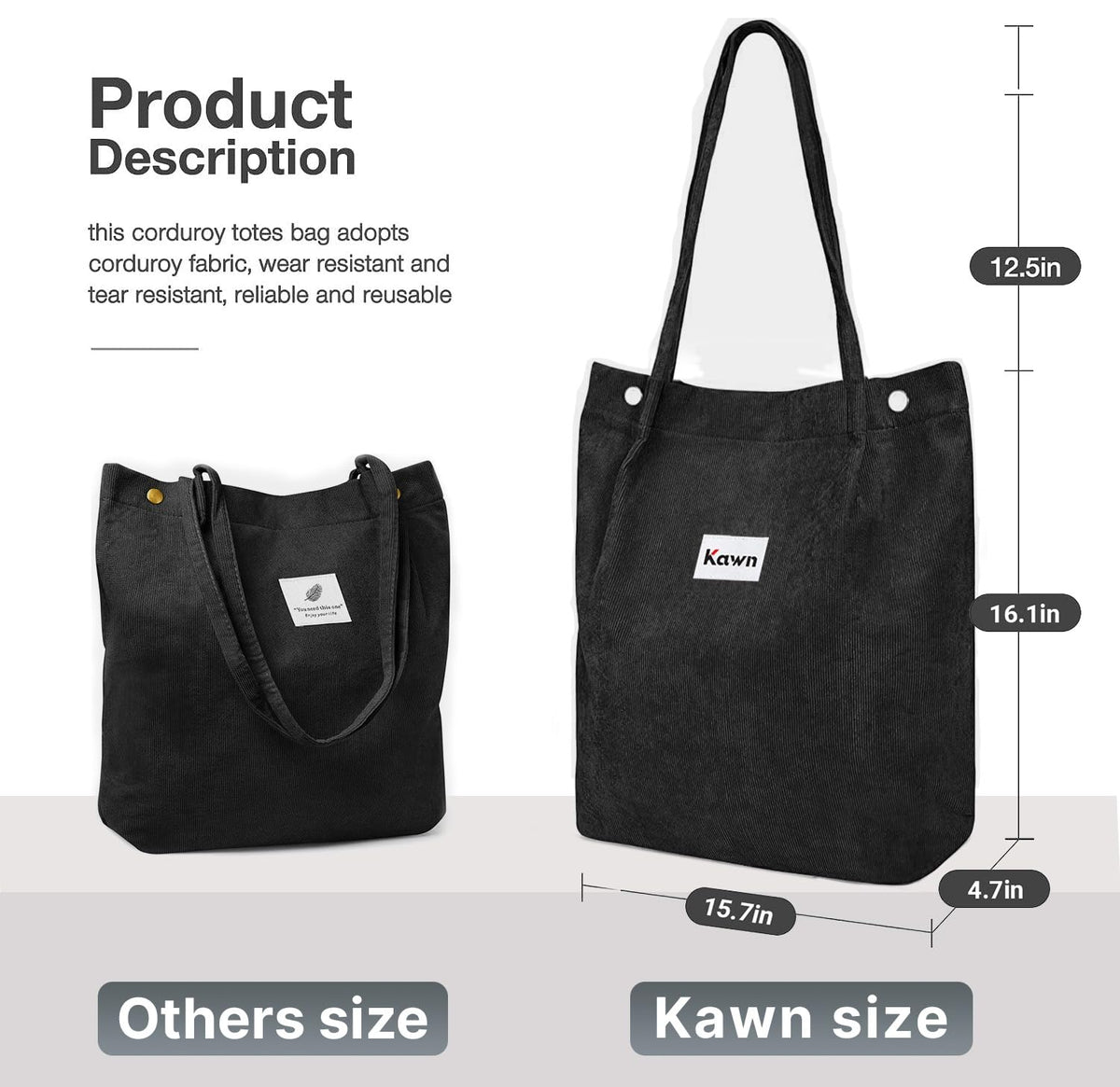 Kawn Women Corduroy Western Tote Bag Canvas Shoulder Cord Purse Reusable Shopping Bag Grocery Bag Large Capacity Washable Handbag Girls Shoulder Bag With Inner Pocket For Daily Use Work Travel (Black)